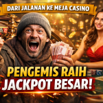 Seorang pengemis tersenyum memegang uang tunai di meja live casino dengan dealer wanita dan roda roulette di belakangnya