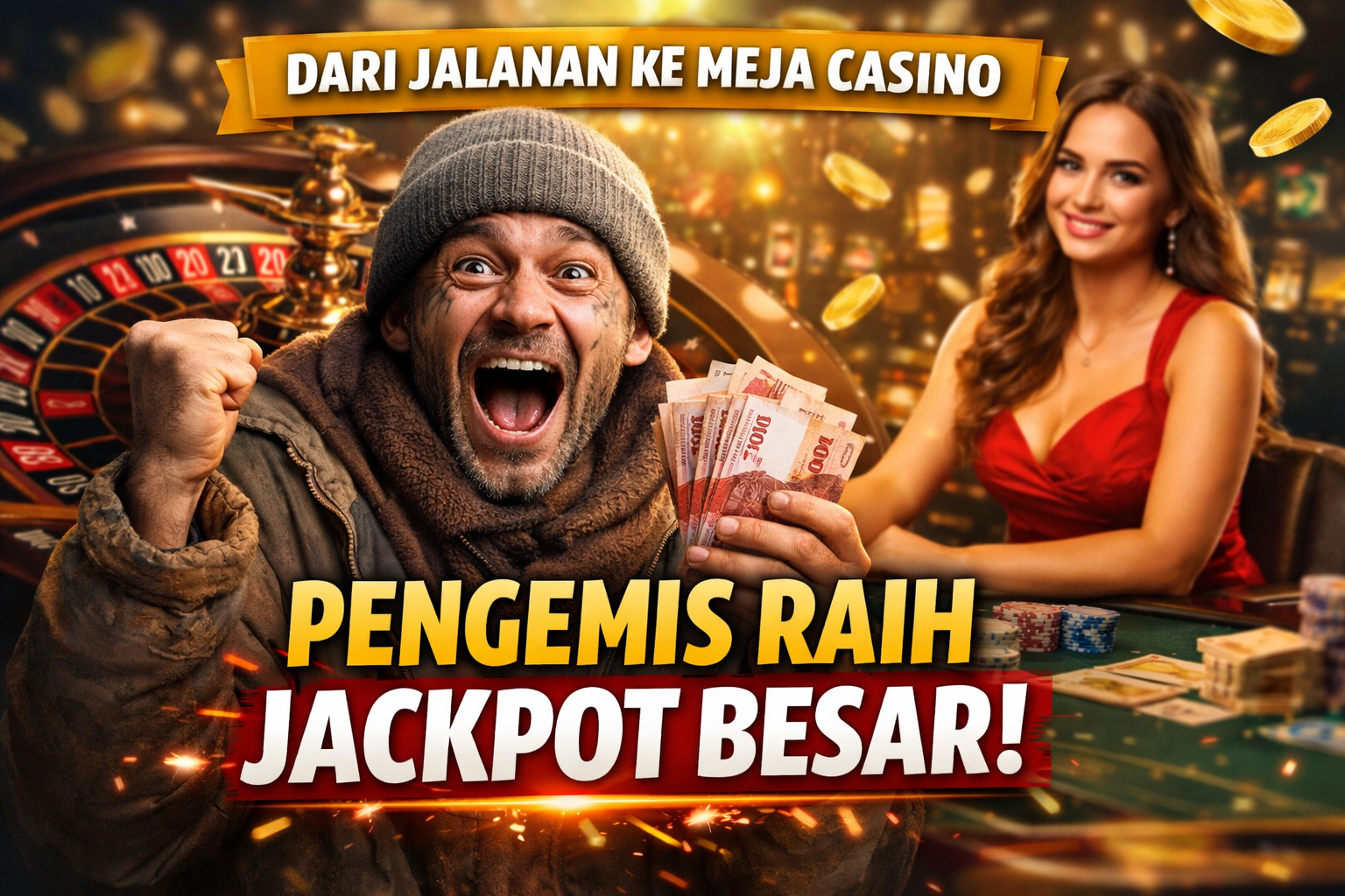 Seorang pengemis tersenyum memegang uang tunai di meja live casino dengan dealer wanita dan roda roulette di belakangnya